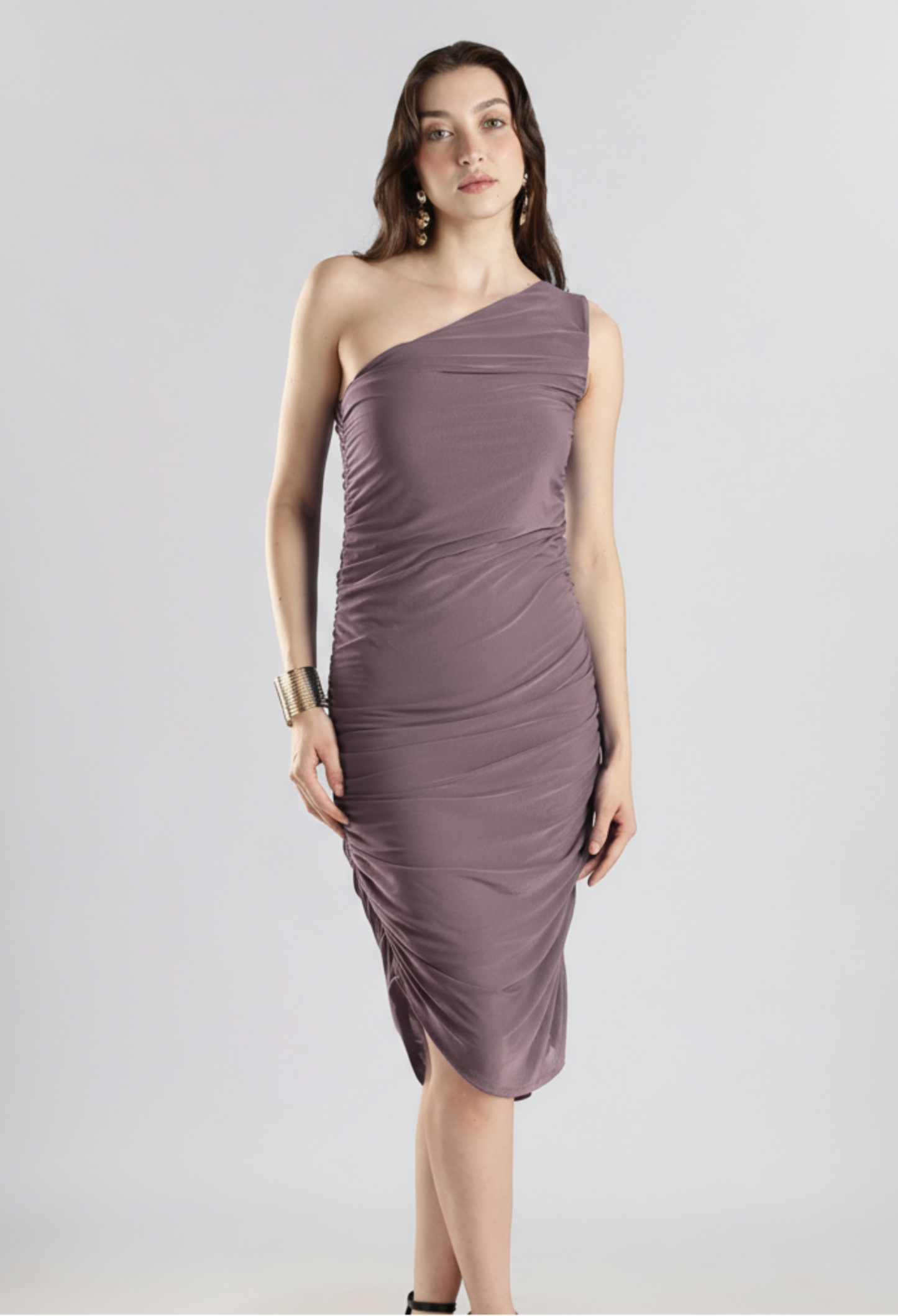 Women's Deep Mauve One-Shoulder Ruched Bodycon Midi Dress